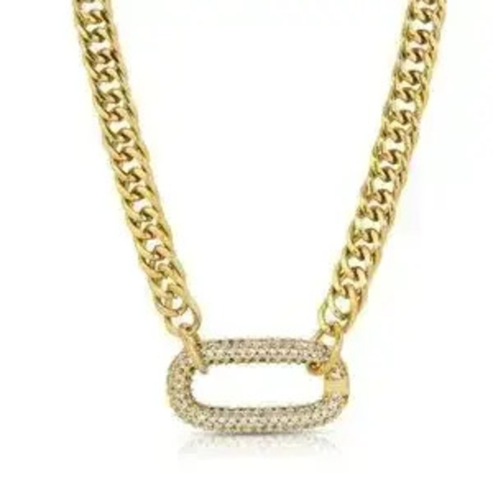 Gold Zircon Rectangular Charm Necklace Chain Link - Picture 6 of 10